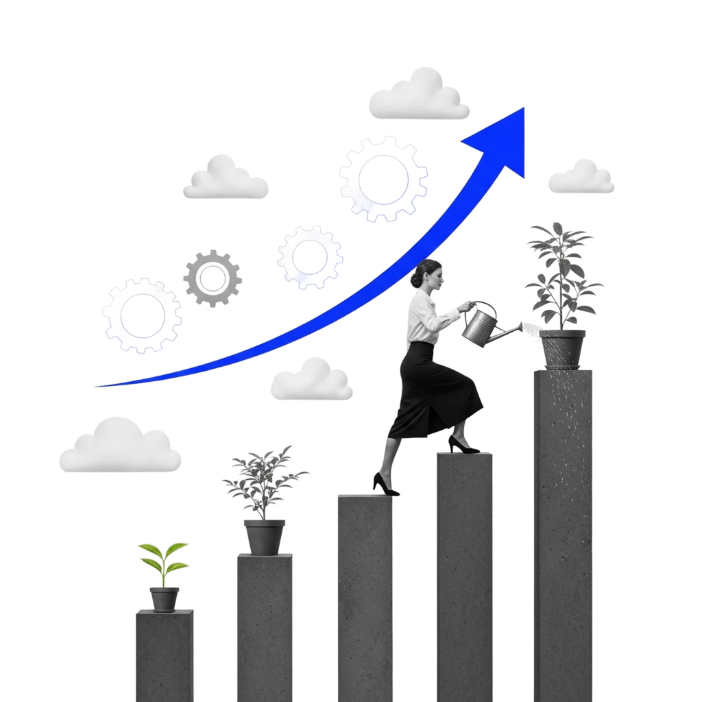 Frau gießt Pflanze auf ansteigenden Podesten als Symbol für Wachstum und Entwicklung
